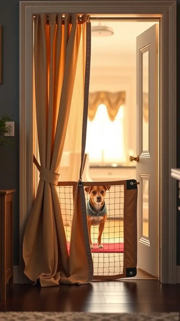 A cheerful dog peeking through doorway curtains with Velcro closure, showcasing a cozy indoor space.