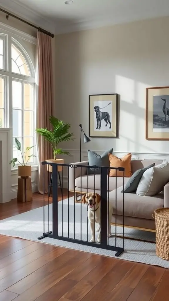 A stylish dog gate in a modern living room with a dog looking through it.