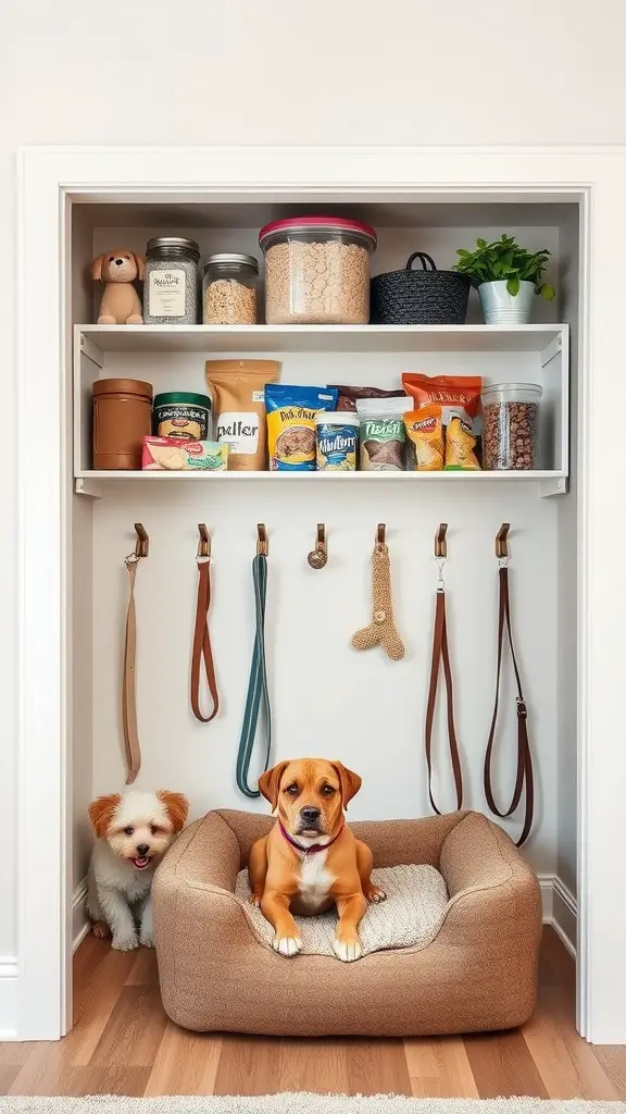 Organized dog closet with treats, leashes, and dog beds