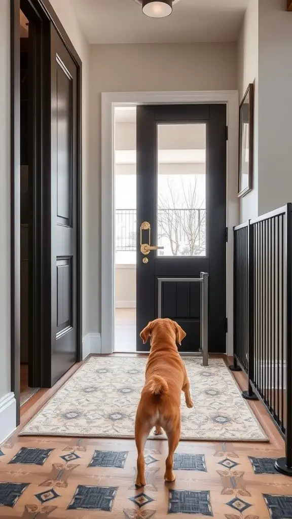 A dog looking at a modern pet door in a stylish home interior