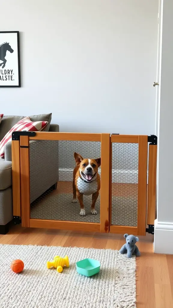 A wooden DIY baby gate with a mesh panel, featuring a happy dog behind it, surrounded by toys on a rug.