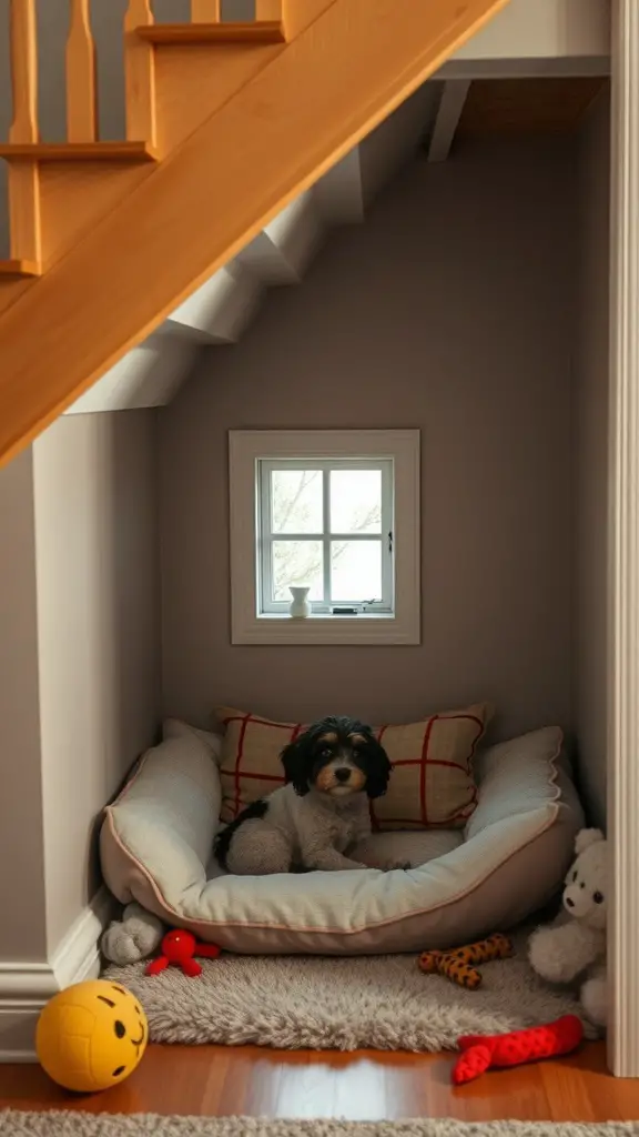 A cozy under-the-stairs dog den featuring a dog on a bed with toys around.