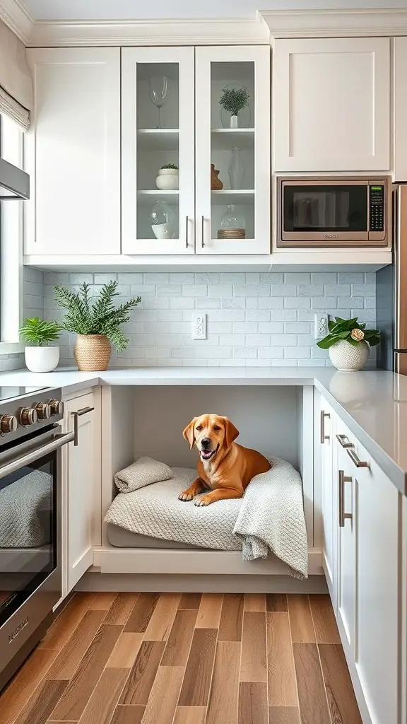 A golden dog resting in a built-in bed inside kitchen cabinetry, surrounded by modern kitchen appliances and decor.