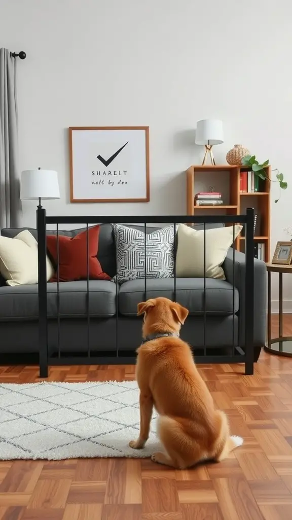 A dog barrier in front of a sofa, with a golden retriever sitting on the floor looking at it.