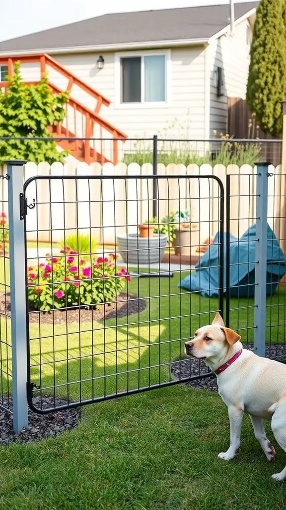 A freestanding pet fence in a backyard with a dog looking on