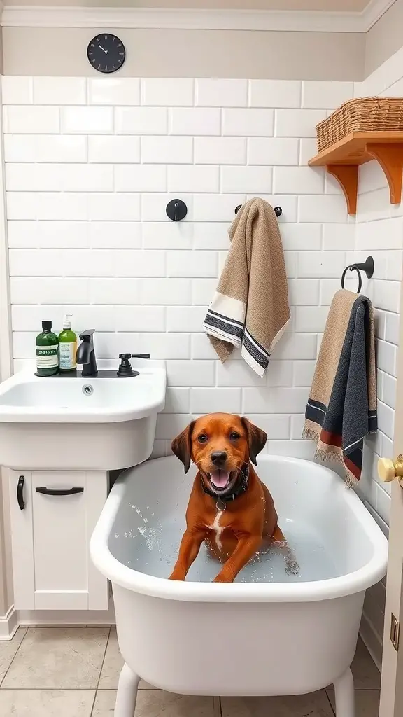 A happy dog sitting in a bathtub filled with water in a stylish dog washing station.