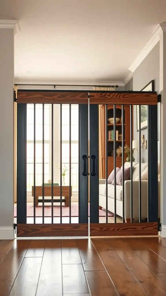 A stylish indoor sliding gate separating living room space