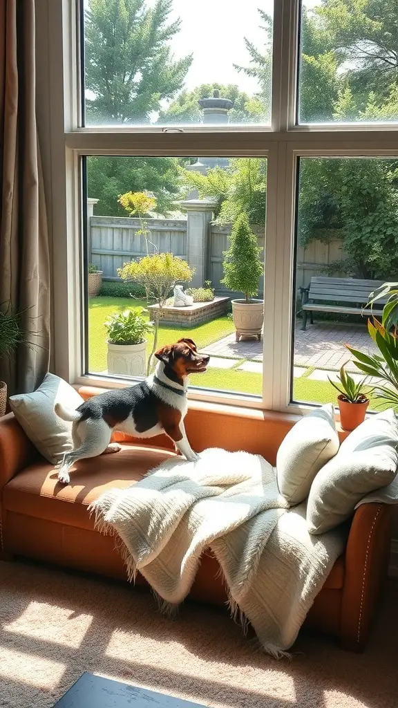 A dog standing on a couch near a window, looking outside at a garden.
