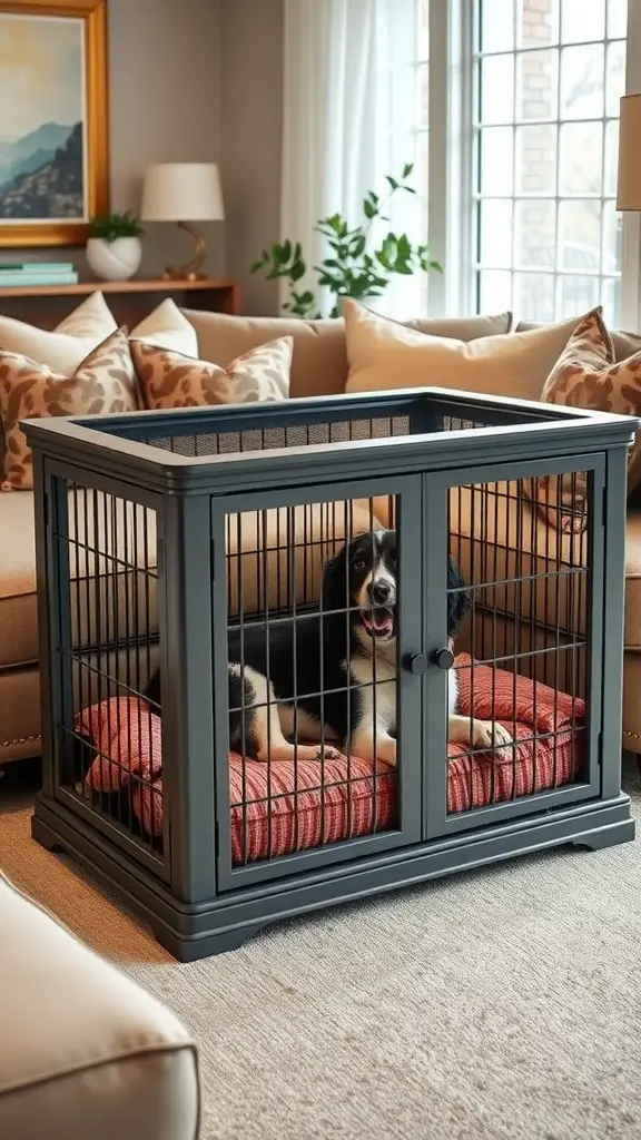 A stylish dog crate placed in a cozy living room, featuring a happy dog inside on a cushion.