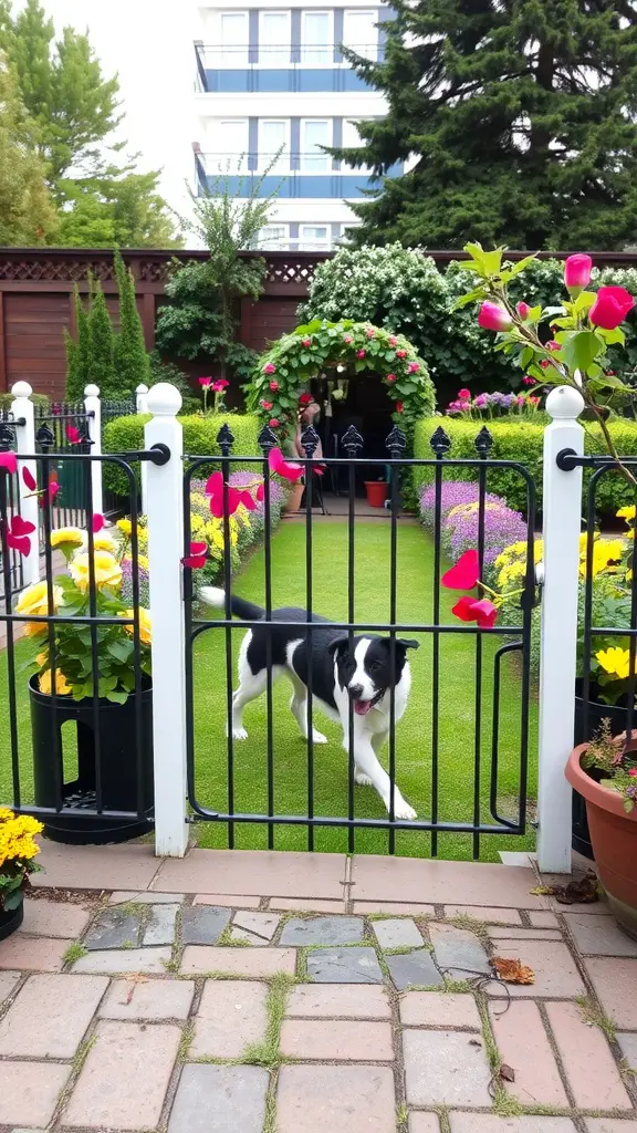 A black garden gate with a dog and colorful flowers in a well-maintained garden