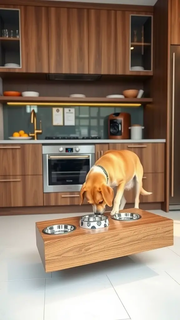 A dog eating from built-in dog bowls in a modern kitchen setting.