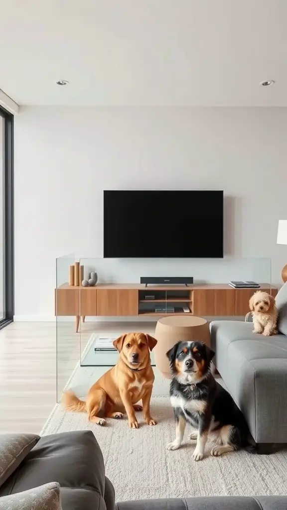 A cozy living room with two dogs sitting on a rug in front of a clear plexiglass panel separating them from the rest of the space.