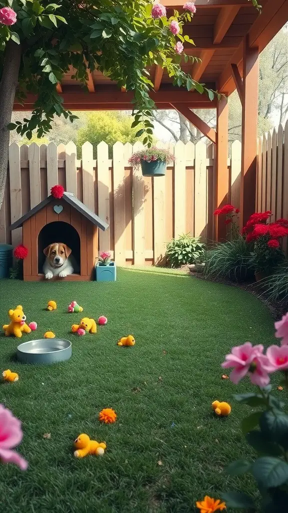 A cozy backyard dog area with a doghouse, flowers, and toys scattered around.
