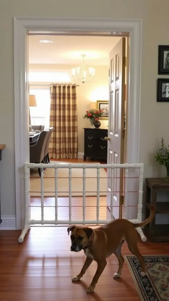 A PVC pipe dog barrier with a happy dog passing through.