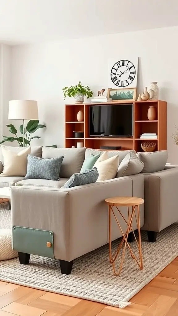 A modern living room with a stylish couch, side table, and plants, showcasing furniture as a barrier.