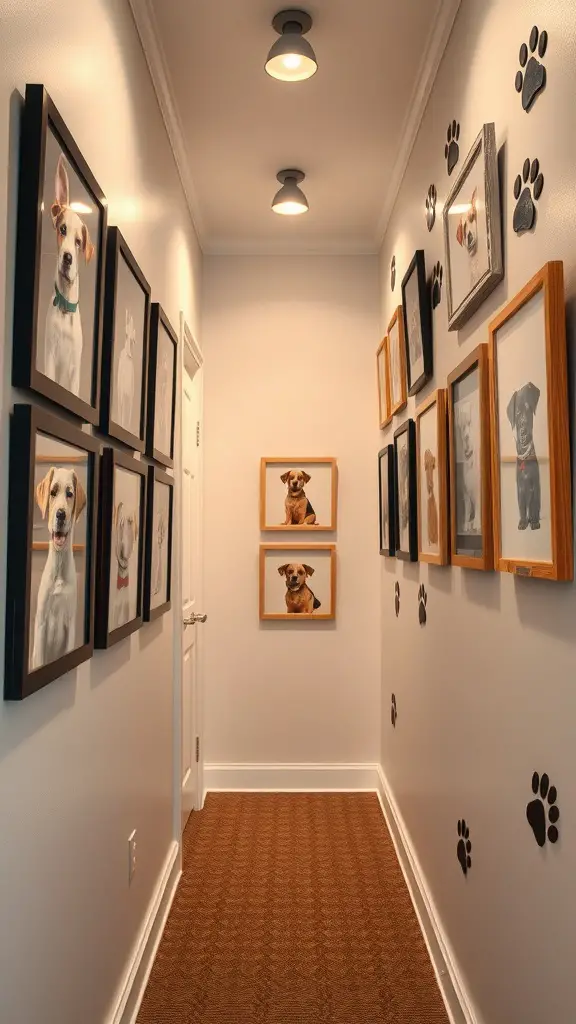 A hallway with framed dog portraits on the walls and paw prints on the side.