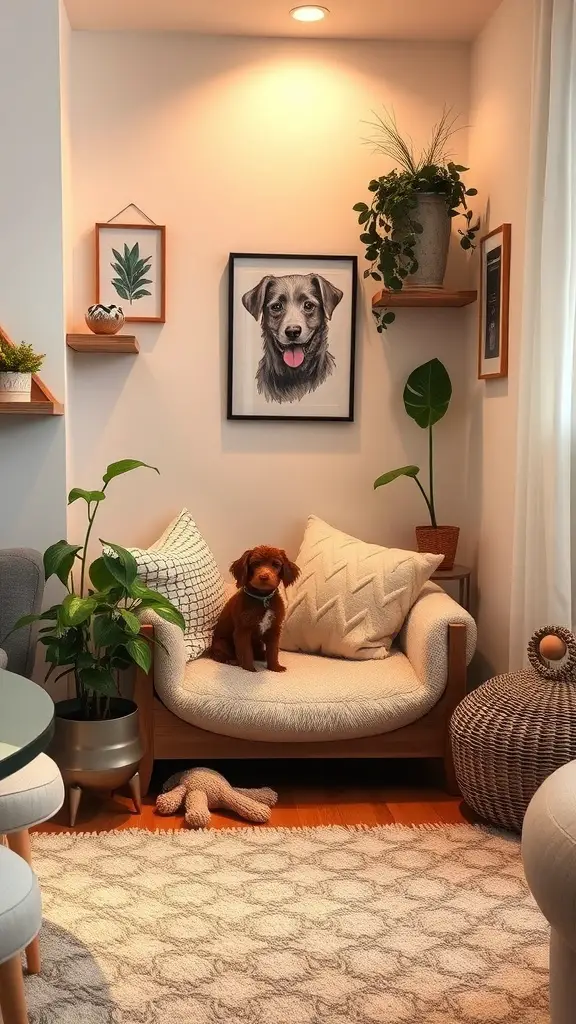 A cozy corner in a living room featuring a dog sitting on a soft chair with plants and decorative items around.