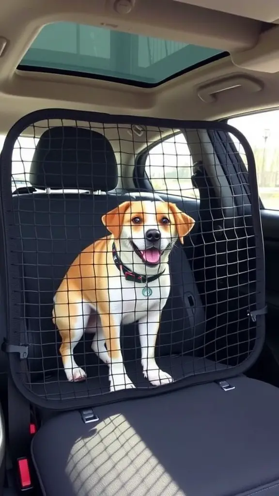 A happy dog behind a mesh barrier in a car.