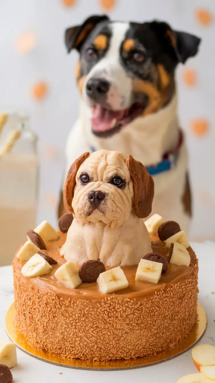 A small round dog cake made with banana and applesauce, garnished with dog treats, and a happy dog in the background.