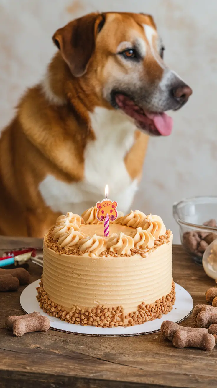 Delicious Dog-Safe Peanut Butter Cake Recipe A dog-safe peanut butter cake with treats on top and a dog waiting excitedly beside it.