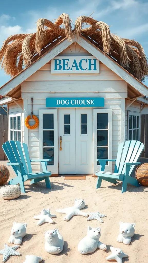 A beach-themed dog house with a sign that says 'BEACH', featuring blue chairs and playful decorations.