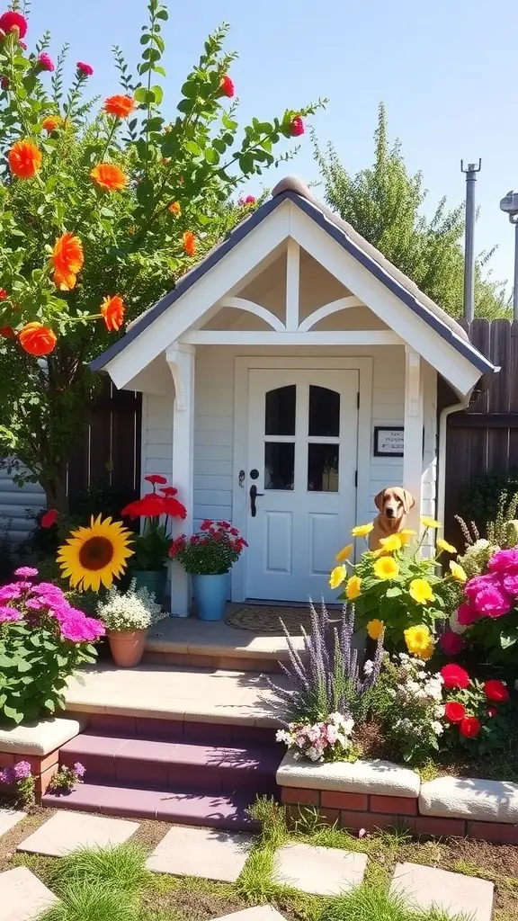 A charming cottage-style dog house surrounded by colorful flowers