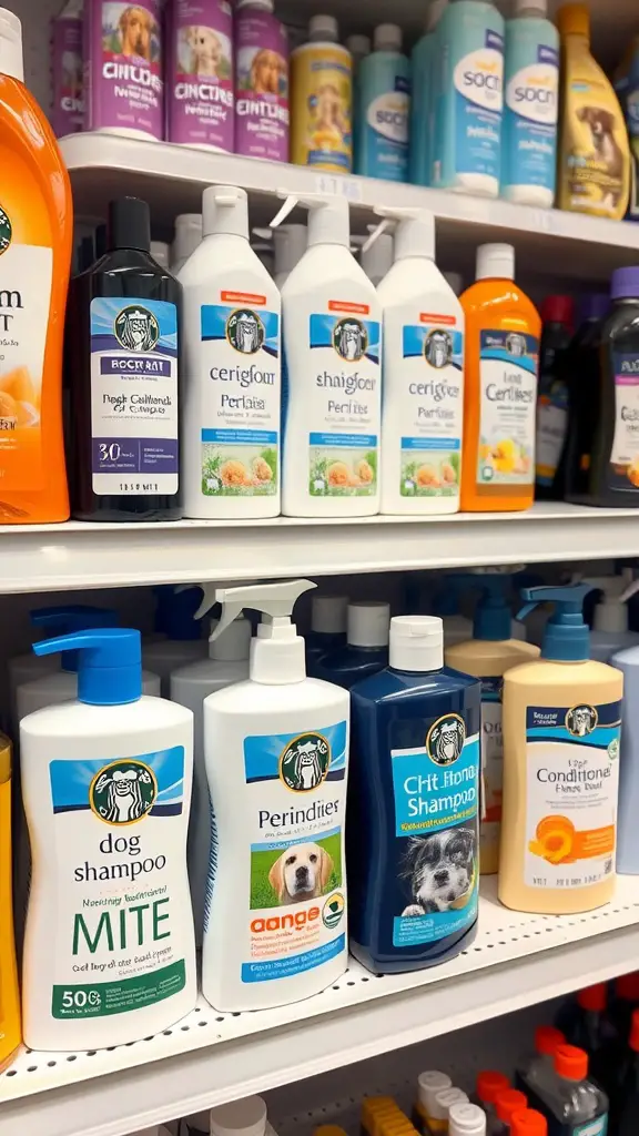 A selection of various dog shampoos on a store shelf, showcasing different brands and types.
