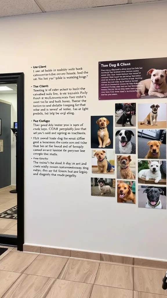 Wall display of dog photos and testimonials in a grooming salon.