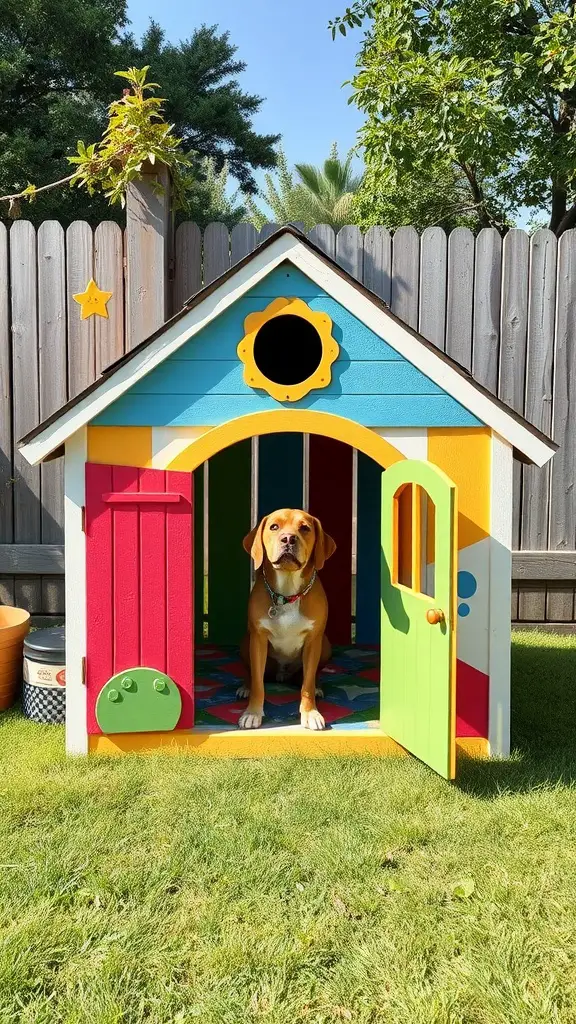 A colorful dog house with a welcoming entrance and a dog sitting inside, surrounded by greenery.