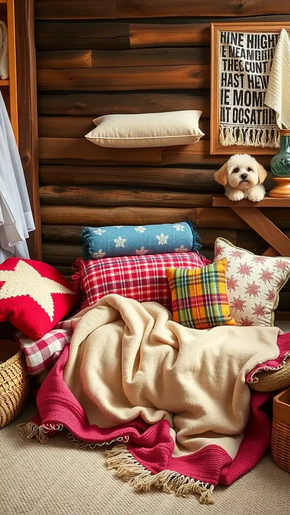 A cozy dog bedding setup with colorful pillows and blankets.
