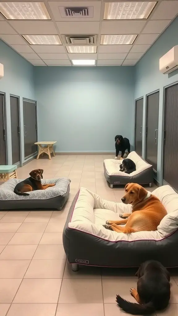A quiet dog boarding facility with comfortable beds for dogs to relax