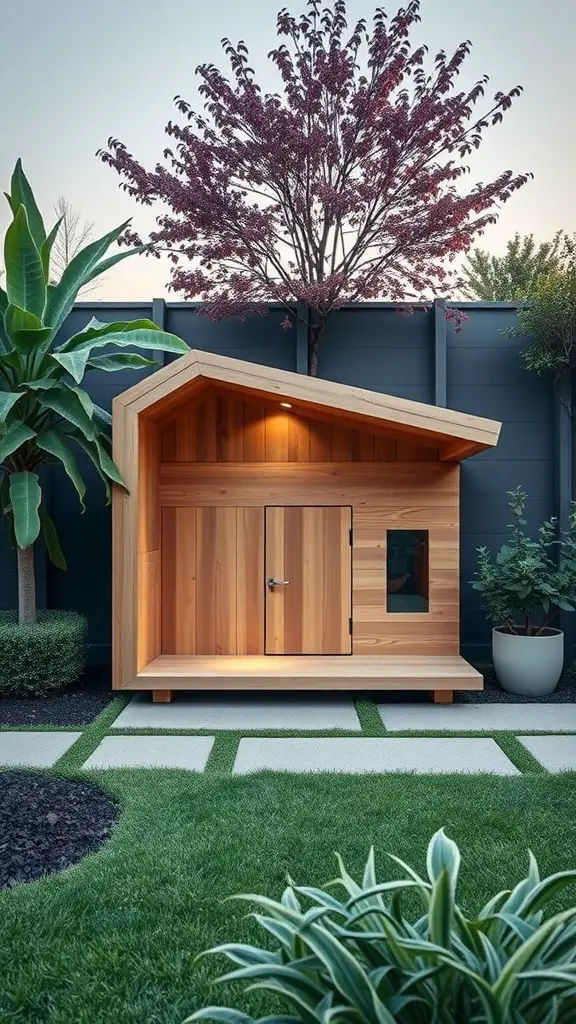 A contemporary architectural dog house made of wood, surrounded by lush greenery.