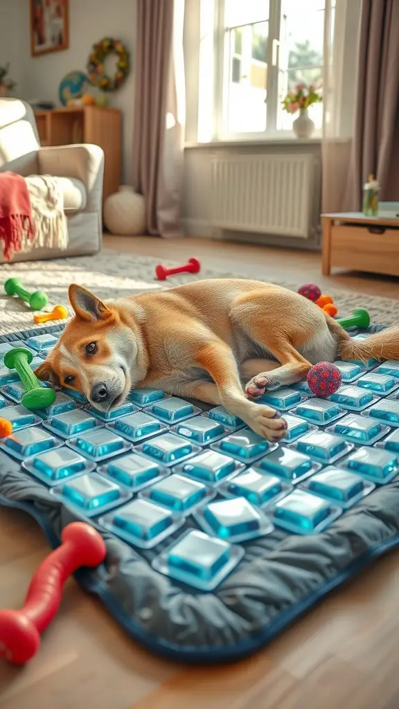 A dog lying on a cooling mat filled with gel packs, surrounded by colorful toys.
