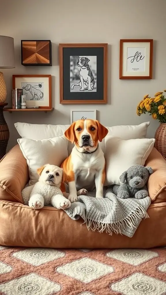 Cozy dog bed with two dogs and plush toys in a warm setting