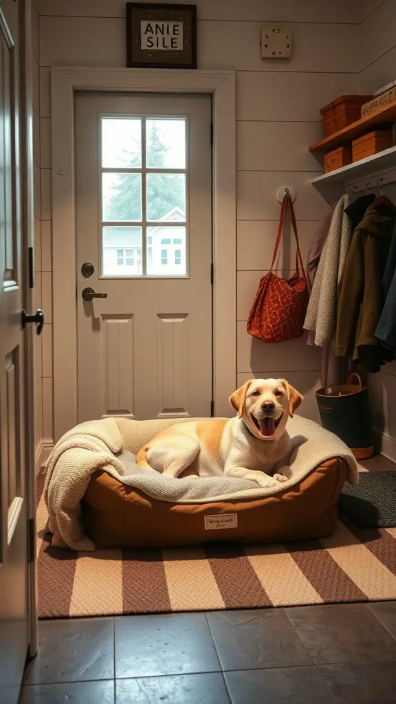 Cozy dog rest area with a dog bed and warm lighting.