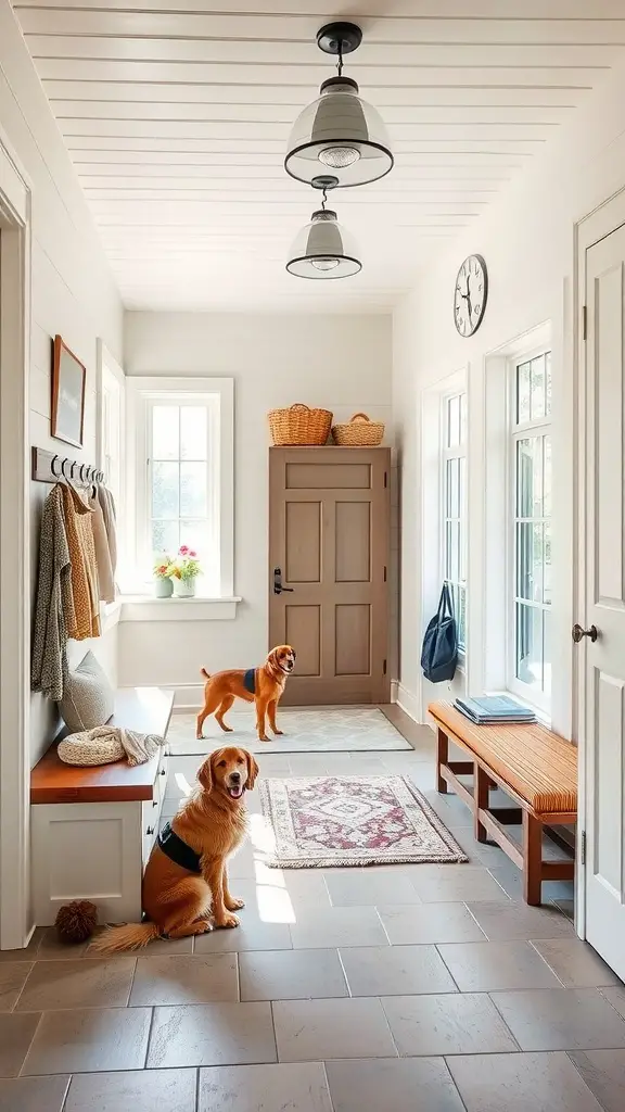 A bright mud room with two dogs, storage solutions, and natural light.