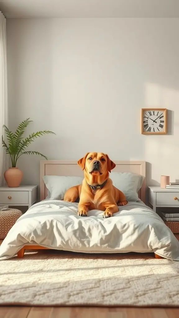 A dog lying on a bed in a well-decorated bedroom, surrounded by plants and soft decor.