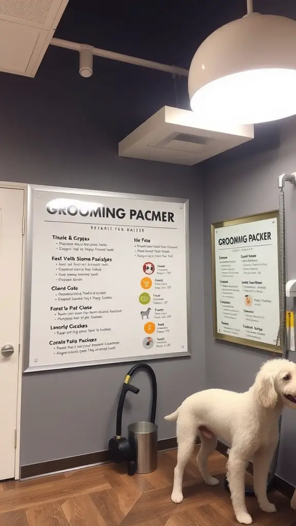 Interior of a dog grooming salon showing customizable grooming package options on the wall.
