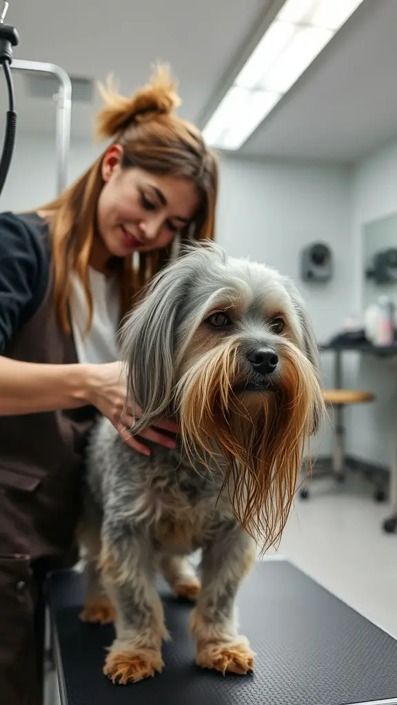 A groomer carefully working on a long-haired dog in a grooming salon.