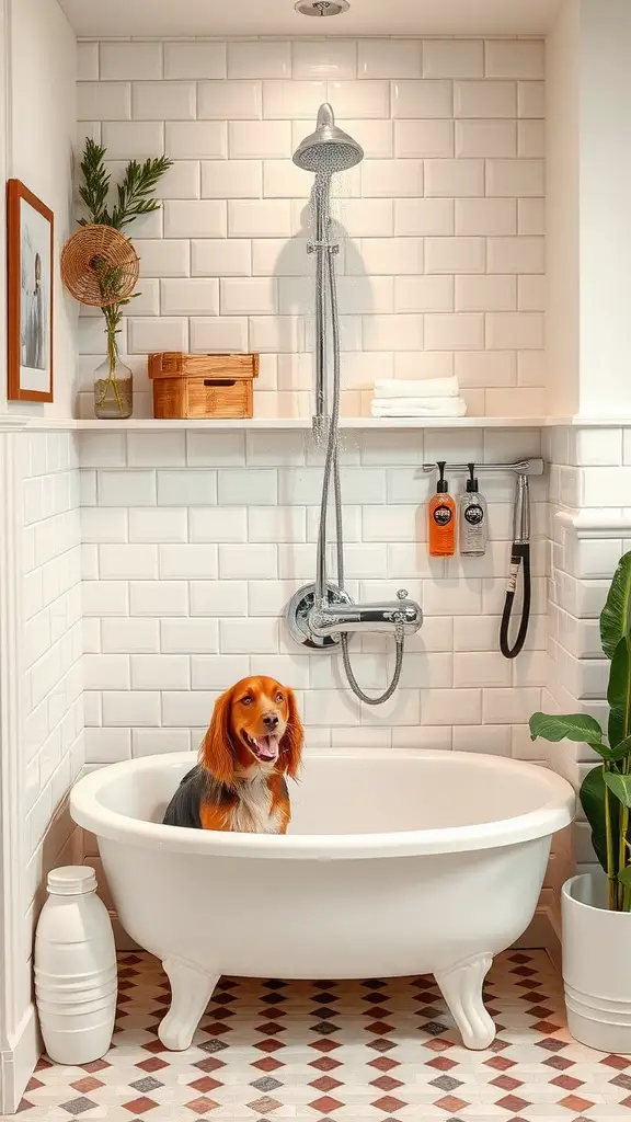 A stylish dog wash station featuring a white tub, showerhead, and grooming supplies.