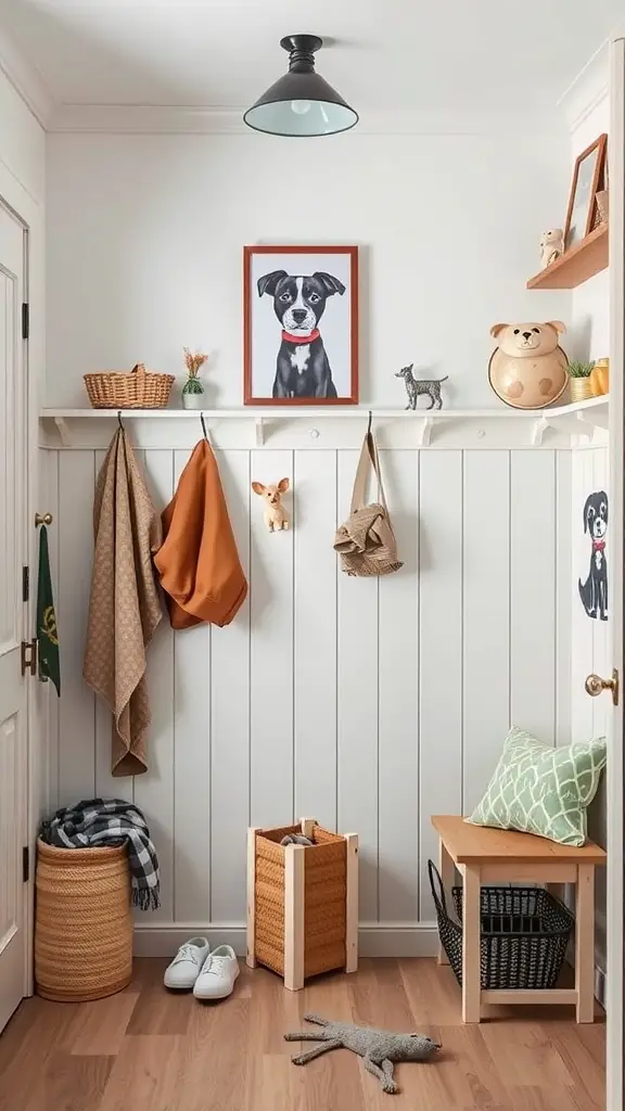 A cozy dog mud room featuring dog-themed decor with a portrait, figurines, and organized storage.
