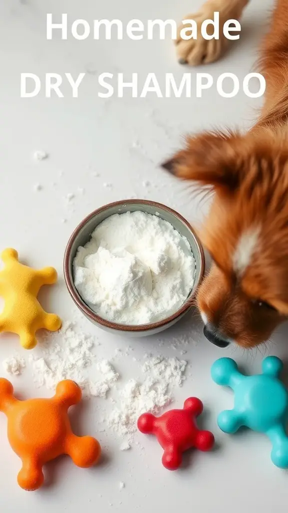 Homemade dry shampoo for dogs with a curious dog nearby and colorful toys