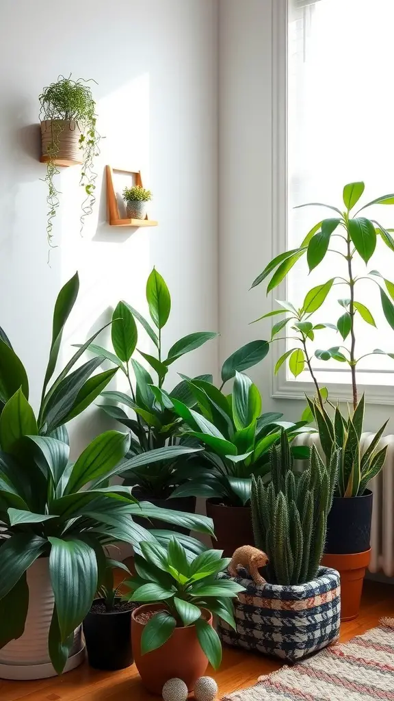 A cozy corner with various dog-safe plants in pots, creating a fresh atmosphere