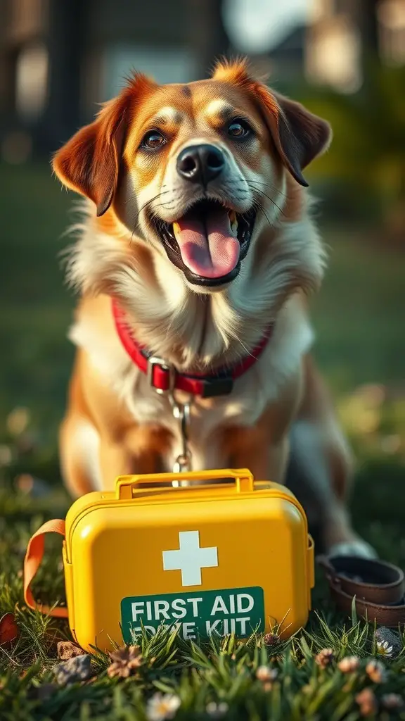 A red first aid kit surrounded by pet toys and medical supplies for dogs