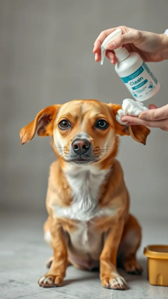 A person cleaning a dog's ear with a cotton pad and cleaning solution.