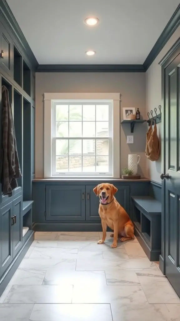 A spacious dog mud room with easy-to-clean surfaces, featuring a friendly dog sitting by the window.