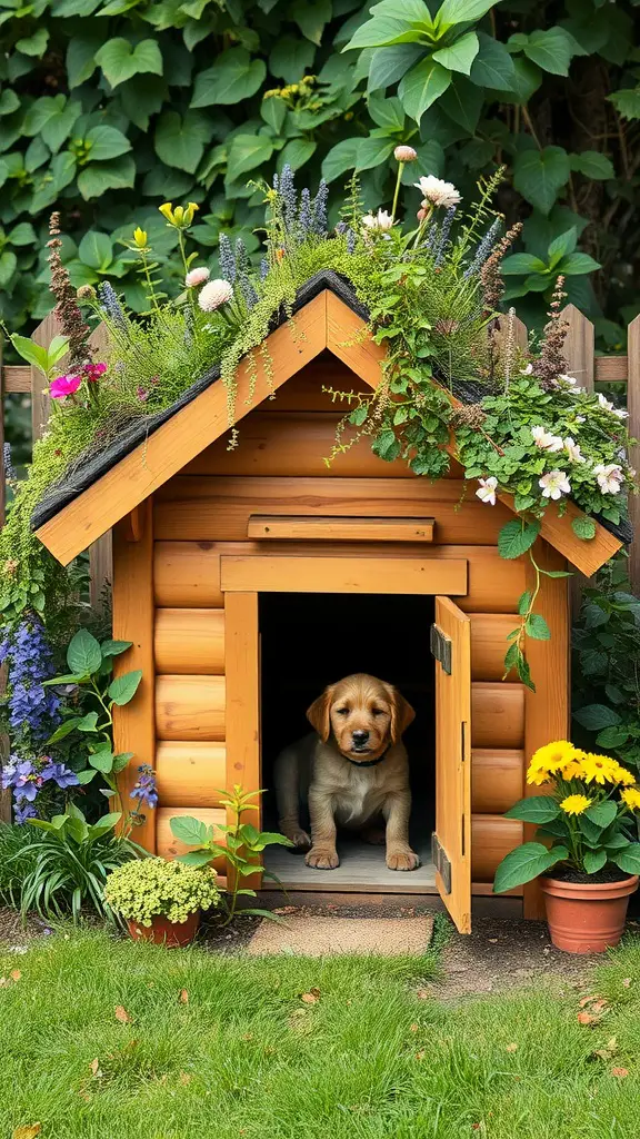 Wooden dog house with a green roof decorated with flowers and plants, featuring a Labrador puppy sitting at the entrance.
