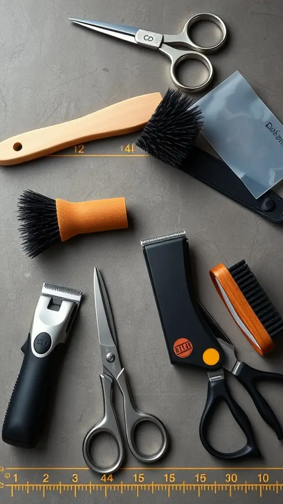 Various essential dog grooming tools including scissors, brushes, and clippers on a grey surface.