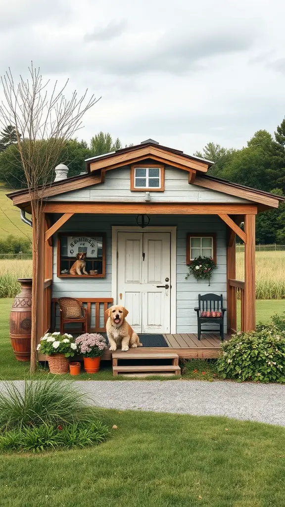 A charming farmhouse style dog house with a happy dog sitting on the porch.