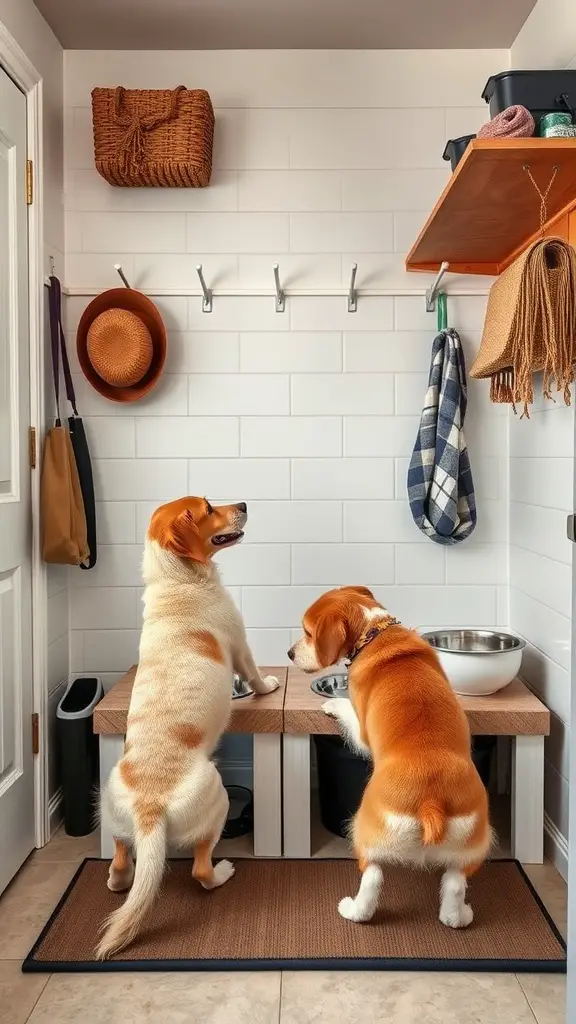 A stylish dog feeding station in a mudroom with two dogs looking at their bowls.